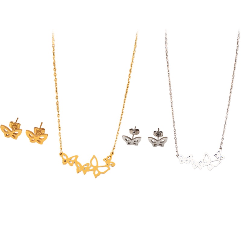 Bộ Vòng cổ + Bông Tai Hình Bướm Bằng Thép Không Gỉ Dễ Thương Cho Nữ