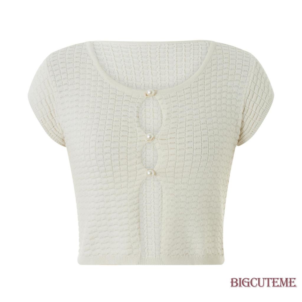 Áo Thun Crop Top Dệt Kim Tay Ngắn Cổ Tròn Cài Nút Thời Trang Mùa Hè Cho Nữ