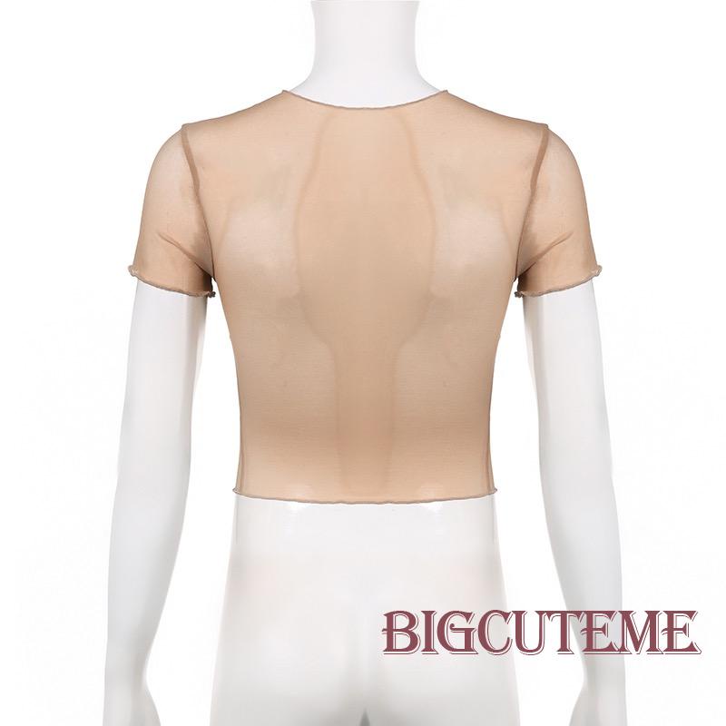 Áo Thun Lưới Tay Ngắn Cổ Tròn Xuyên Thấu In Họa Tiết Bươm Bướm Phong Cách Retro Dành Cho Nữ