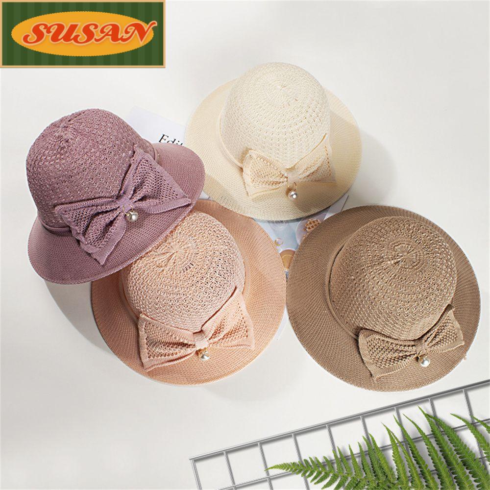 SUSANS Mũ Cói Rộng Vành Thoáng Khí Đính Nơ Xinh Xắn Thời Trang Mùa Hè