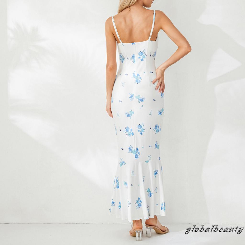 Đầm Dài Không Tay Cổ Chữ V Hở Lưng Họa Tiết Hoa Thời Trang Mùa Hè Cho Nữ
