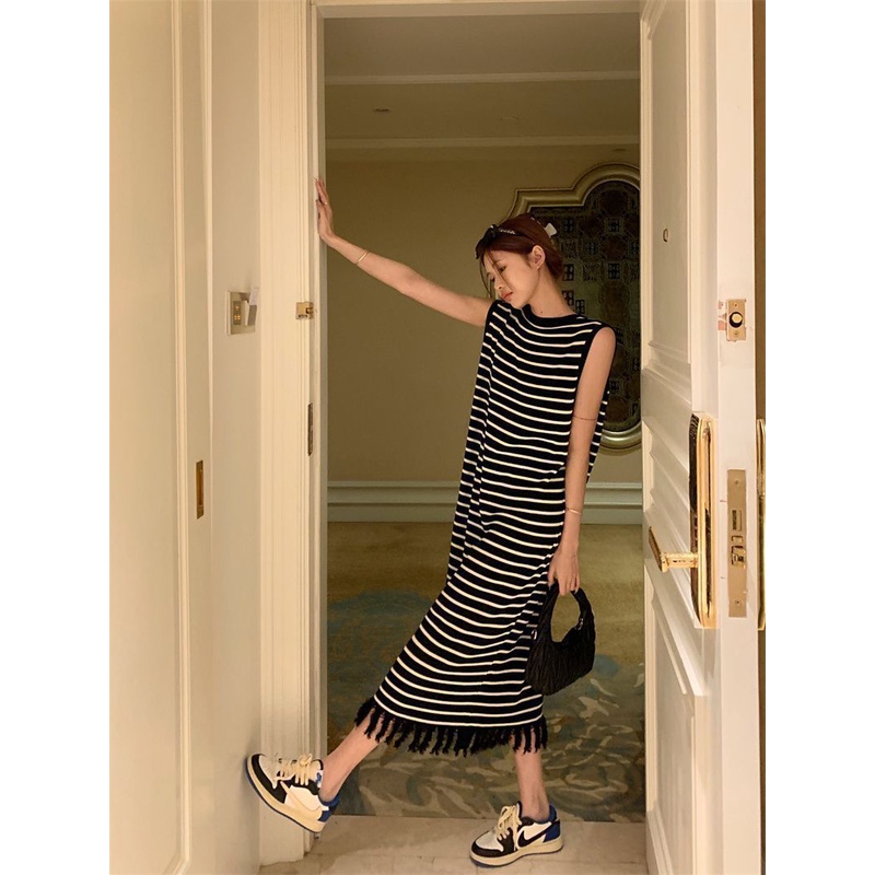 Đầm Maxi Dệt Kim Dáng Rộng Họa Tiết Kẻ Sọc Thiết Kế Mới Thời Trang Mùa Hè Cho Nữ