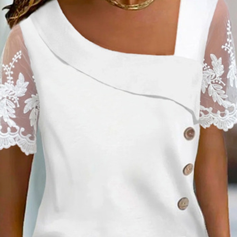 Áo Thun Tay Ngắn Cổ Chữ V Phối Ren Dáng Rộng Thời Trang Mùa Hè Cho Nữ