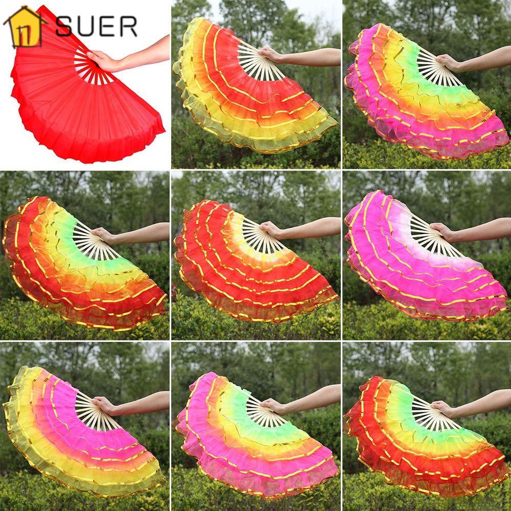 SUENIN Quạt Múa Bụng Bằng Lụa Màu Sắc Tuyến Tính