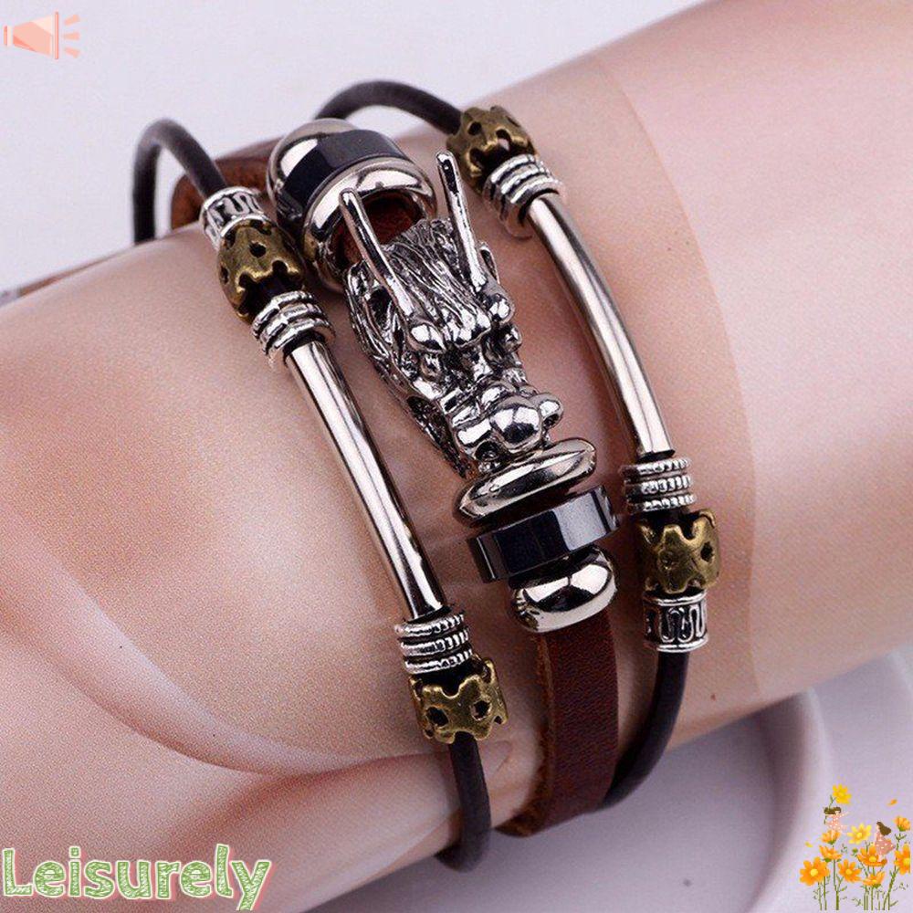 LEILY Vòng Tay Da Mặt Hình Rồng Hợp Kim Cho Nam