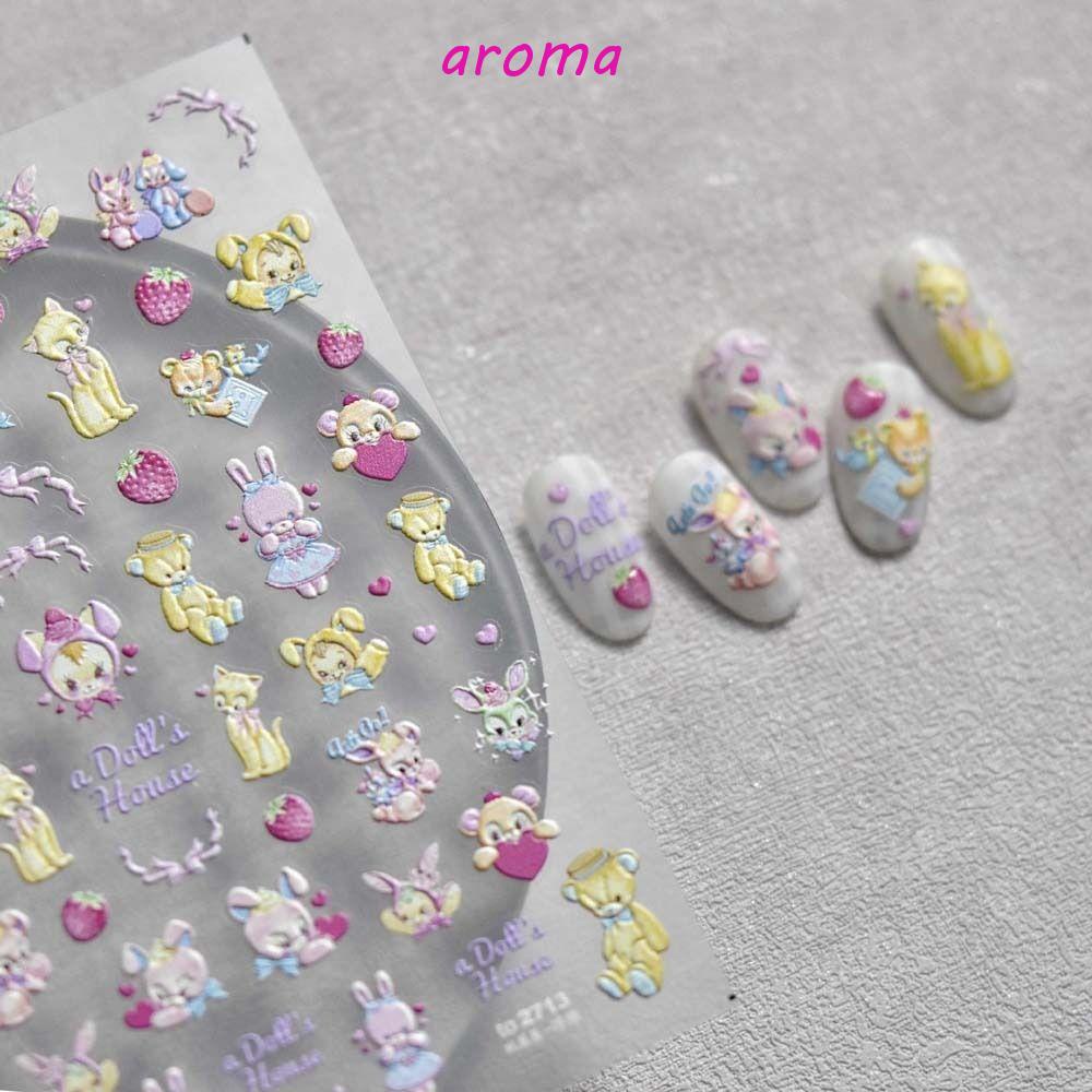 AROMA Miếng Dán Móng Tay Tự Dính Họa Tiết Gấu Hoạt Hình 5D Cho Nữ
