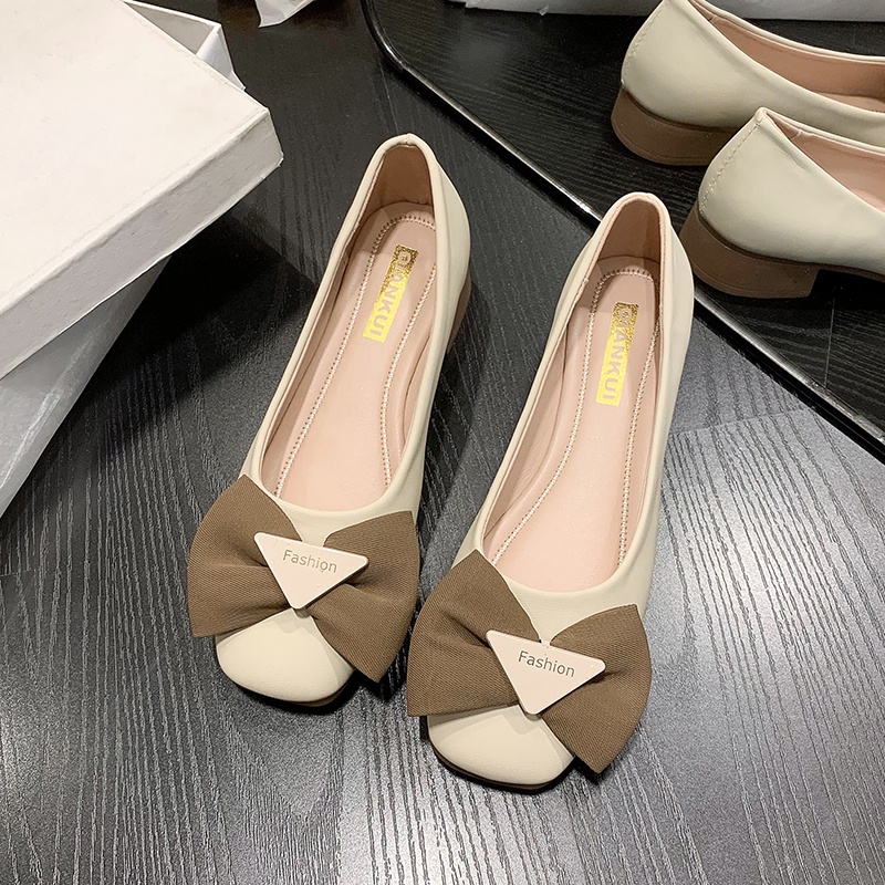 Giày Gót Thấp Mũi Vuông Bằng Da Đính Nơ Thời Trang Cho Nữ