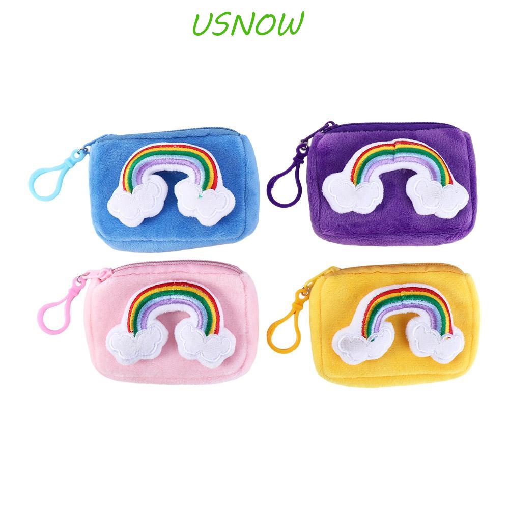 USNOW Túi Đựng Tai Nghe / Tiền Xu Phủ Lông Xù Màu Cầu Vồng Đáng Yêu