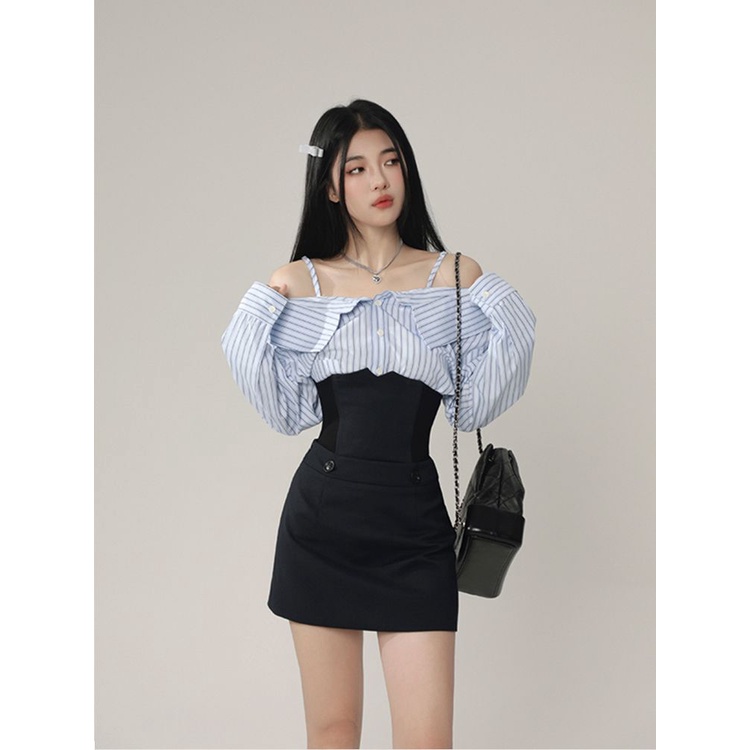 Set Áo Sơ Mi Kẻ Sọc Xanh Dương + Chân Váy Điều Chỉnh Màu Sáng Phong Cách Thường Ngày Mới Cho Nữ