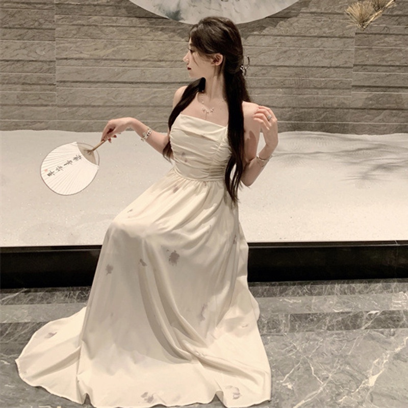 Ielgy Đầm Dài In Họa Tiết Trà Kiểu Pháp Cổ Điển Thanh Lịch Cho Nữ