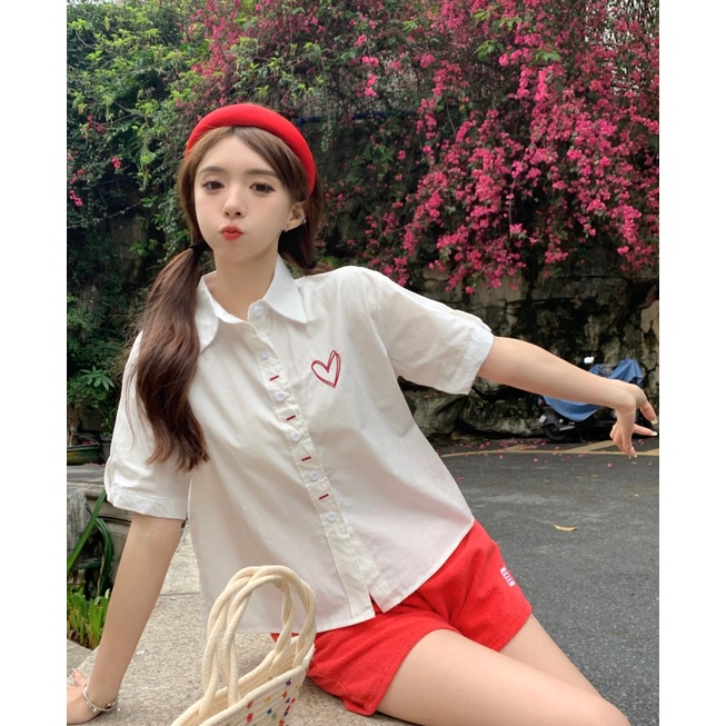 Áo Sơ Mi Trắng Tay Ngắn Cổ polo Dáng Rộng Thêu Hình Trái Tim Thời Trang Phong Cách Hàn Quốc Cho Nữ