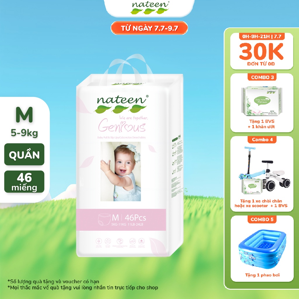Tã Bỉm Quần Hữu Cơ Nateen Genious Dòng Cải Tiến Cao Cấp Châu Âu Size M46 (5 - 9kg)