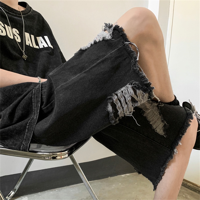 Quần Short Denim Rách Phong Cách Hip Hop Đường Phố Cho Nam