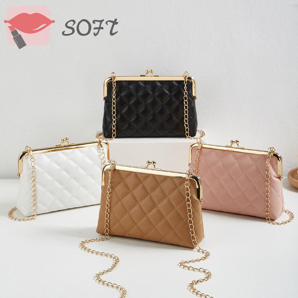 SOFTNESS Túi Đeo Chéo Bằng Da PU Họa Tiết Kẻ Sọc Phối Dây Đeo Sợi Xích Thời Trang Cho Nữ