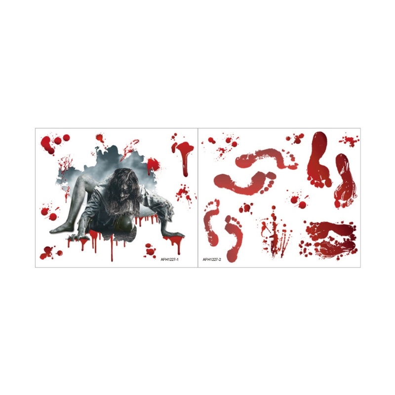 Bộ Đề Can Dán Tường / Cửa Sổ Trang Trí Halloween Hình Dấu Chân Máu Memmb