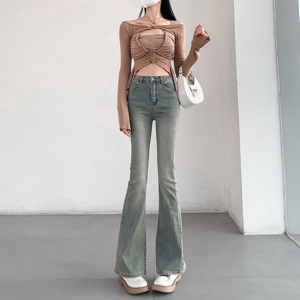Jiashucheng Quần Jean Nữ Ống Loe Micro-Flared Phong Cách Đường Phố Mới Cao Cấp