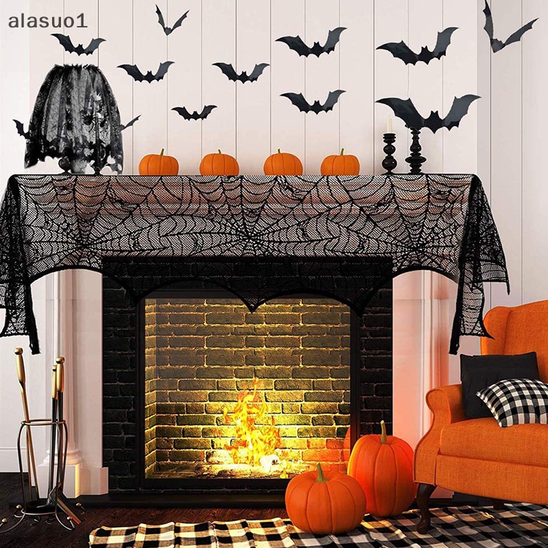 [Alasuo] Khăn Trải Bàn Trang Trí Tiệc Halloween Hình Xương Nhện Đầu Lâu Phối Ren Màu Đen [VN]