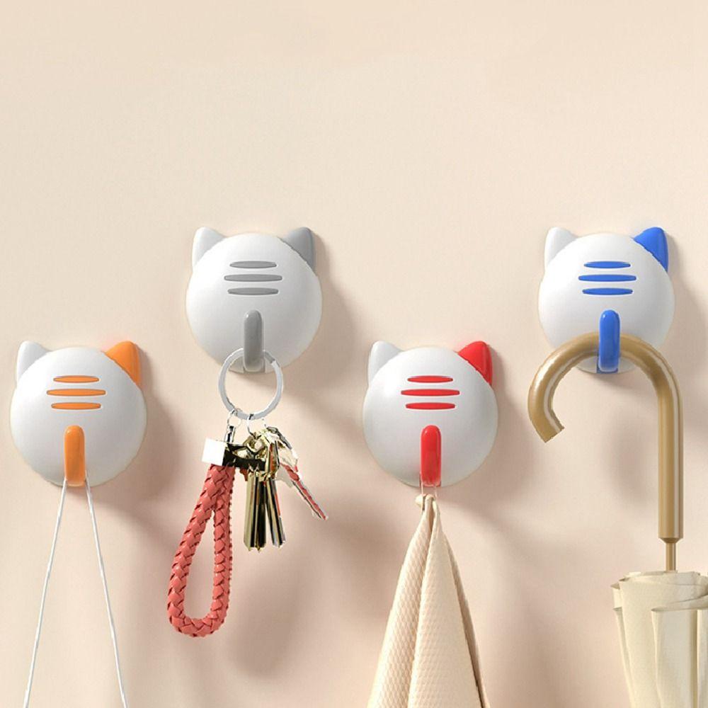 MALCOLM Bộ 4 Móc Treo Đồ Dán Tường Bằng Nhựa Hình Mèo Hoạt Hình Sáng Tạo