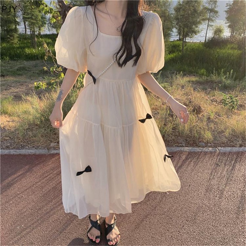 Đầm Midi Dáng Chữ A Cổ Tròn Tay Phồng Đính Nơ Thời Trang Mùa Hè Cho Bạn Gái PJ