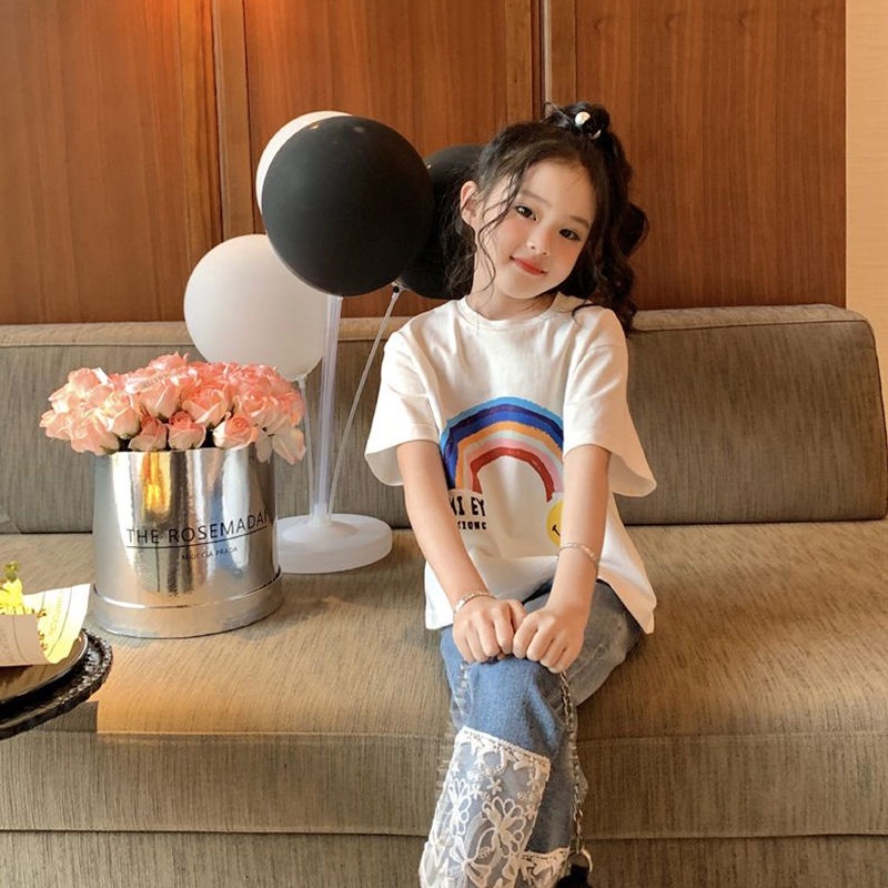 Áo Thun Cotton Ngắn Tay Dáng Rộng In Chữ Màu Cầu Vồng Dễ Thương Cho Bé Gái