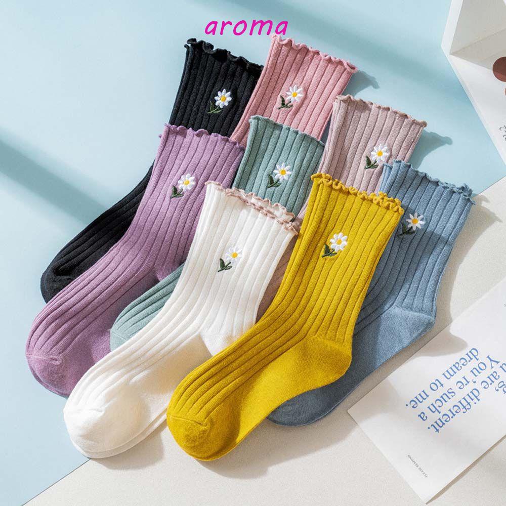 AROMA Vớ Cotton Thể Thao Thoải Mái Thêu Họa Tiết Hoa Phong Cách Hàn Quốc Cho Nữ