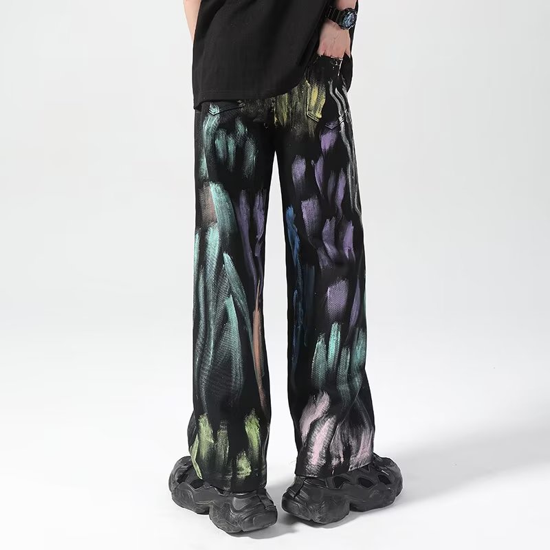 Quần Jean Ống Loe Họa Tiết Tranh Sơn Dầu Vẽ Tay Màu Sắc Thời Trang Mùa Hè Cho Nam