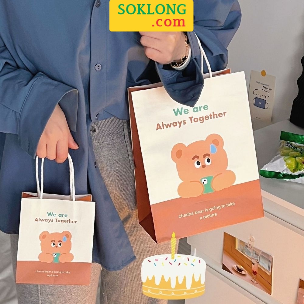 Túi giấy hoạt hình tươi sáng dễ thương đựng đồ, quà sinh nhật TU05, túi hoạ tiết gấu cún đáng yêu