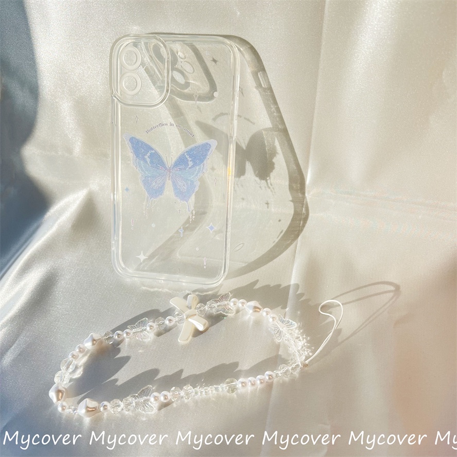 Ốp Điện Thoại Silicon Mềm Chống Sốc Hình Bướm Gắn Dây Đeo Chuỗi Hạt Cho iPhone 11 12 13 14 Pro Max X Xr Xs 8 7 6 Plus SE 2020