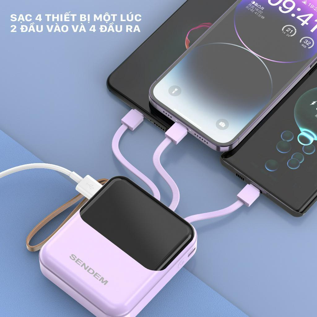 Sạc Dự Phòng Sendem P301 10000mAh Tích Hợp Sẵn Cáp Sạc, Có Led Báo Phần Trăm Pin TECHHIGH