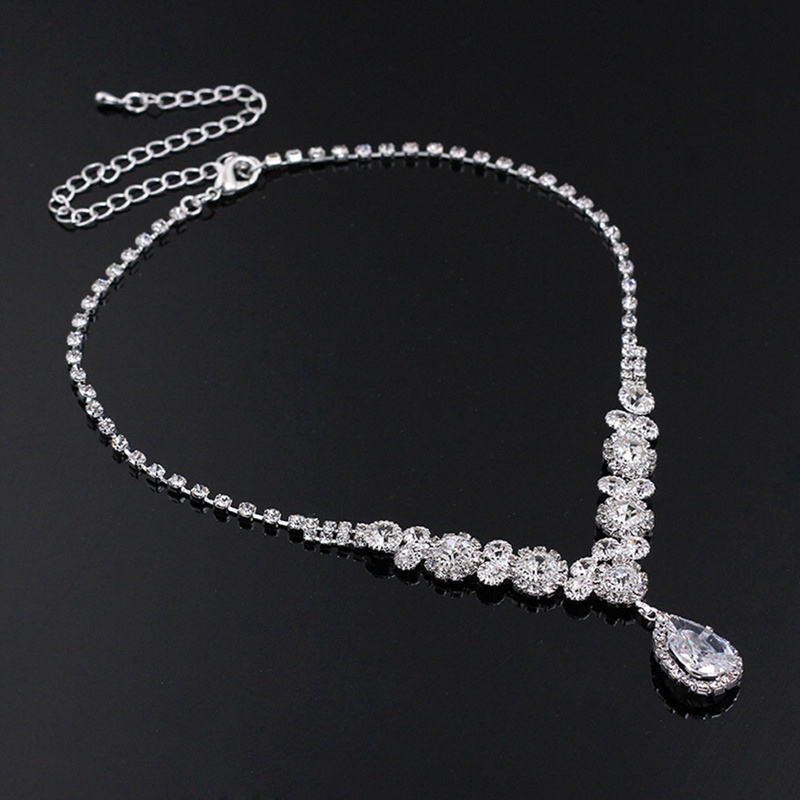 Ygt Bộ Vòng cổ + Bông Tai Mạ Bạc Dáng Dài Hình Giọt Nước Đính Đá Pha Lê Sang Trọng