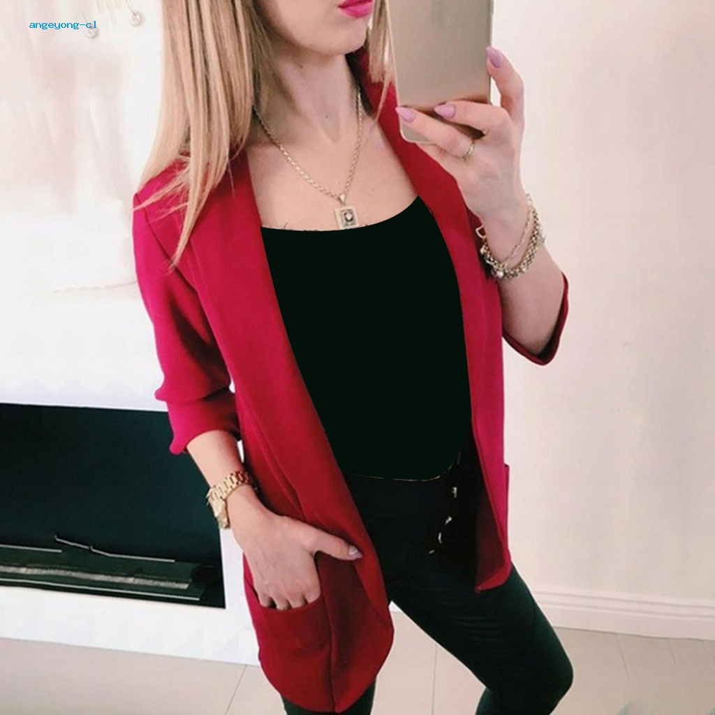 Angeyong Áo Khoác Suit Màu Trơn Dài Trung Bình Có Túi Thời Trang Xuân Thu Cho Nữ
