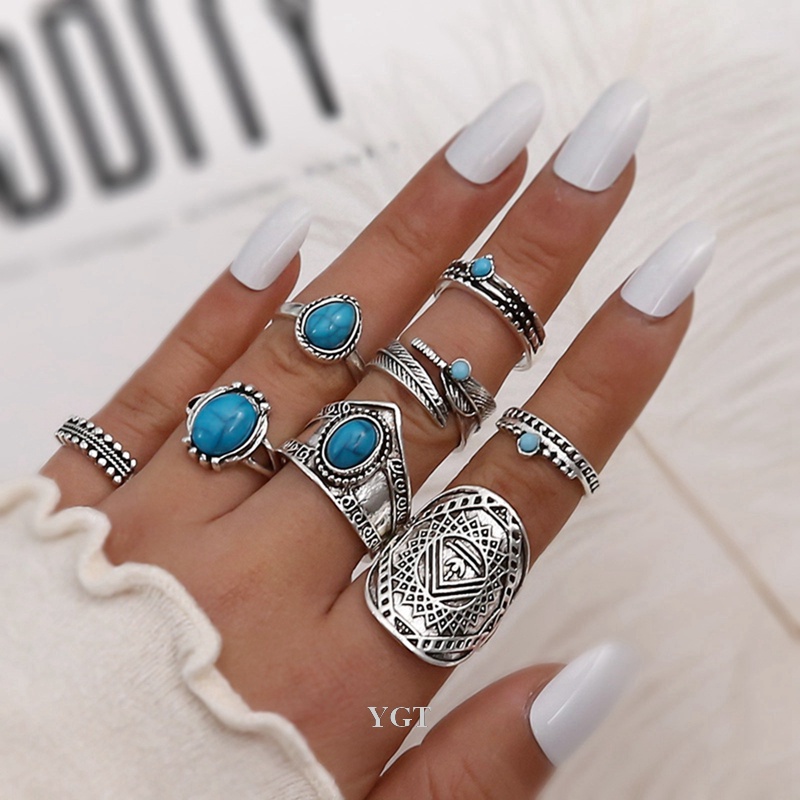Set 8 Nhẫn Bạc Chạm Khắc Đính Đá Opal Màu Sắc Cổ Điển Phong Cách Bohemian Dành Cho Nam Và Nữ