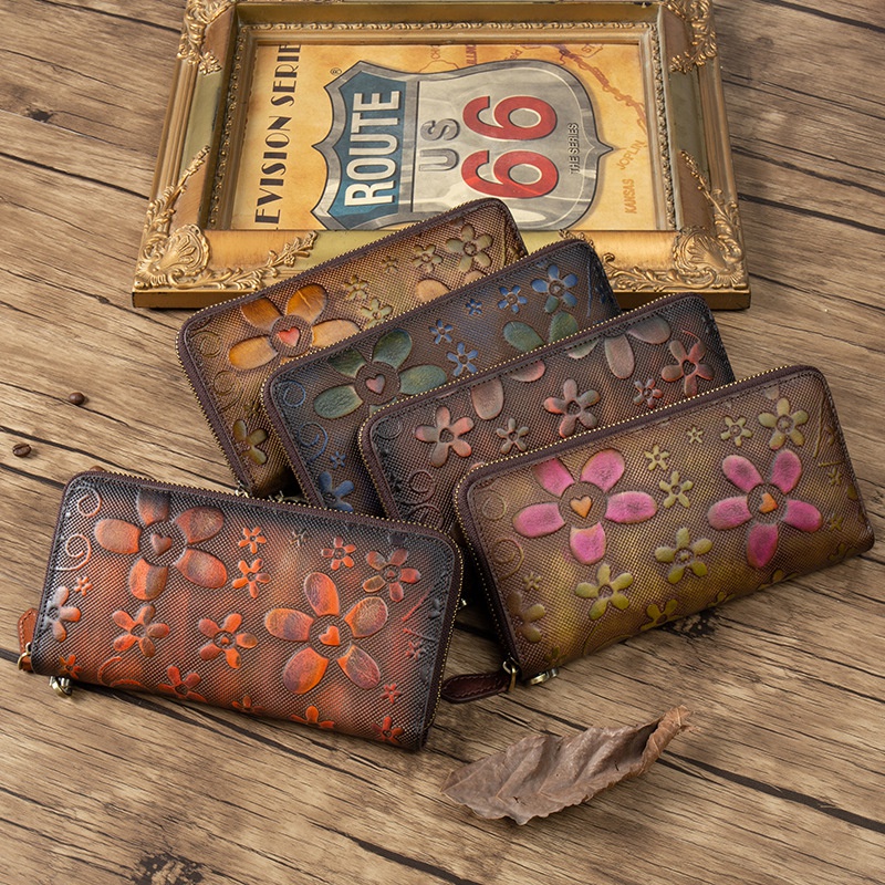 Ví Da Bò Cầm Tay Dáng Dài Có Khóa Kéo Phong Cách Retro Cho Nữ Mobile