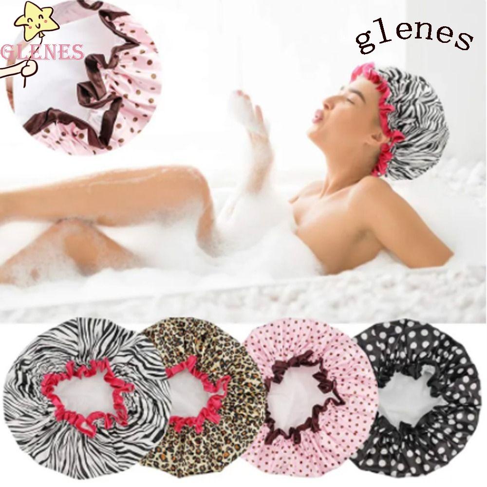 GLENES Mũ Trùm Tóc Hai Lớp Mềm Mại Co Giãn Chống Thấm Nước Họa Tiết Da Báo Cho Phòng Tắm