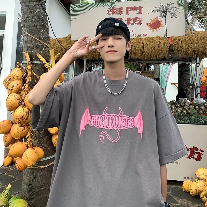 Áo Thun Tay Ngắn Dáng Rộng In Hình Cánh Quỷ Thời Trang Mùa Hè Cho Nam