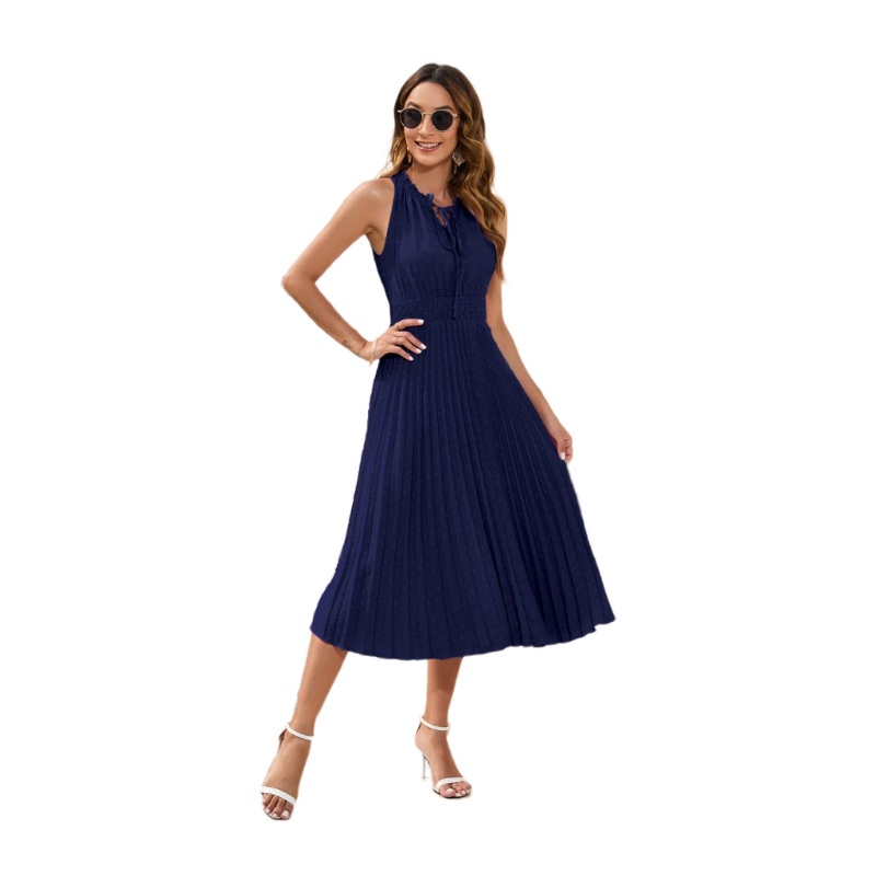 Đầm Midi Không Tay Cổ Tròn Nhún Bèo Màu Sắc Đơn Giản Thời Trang Cho Nữ