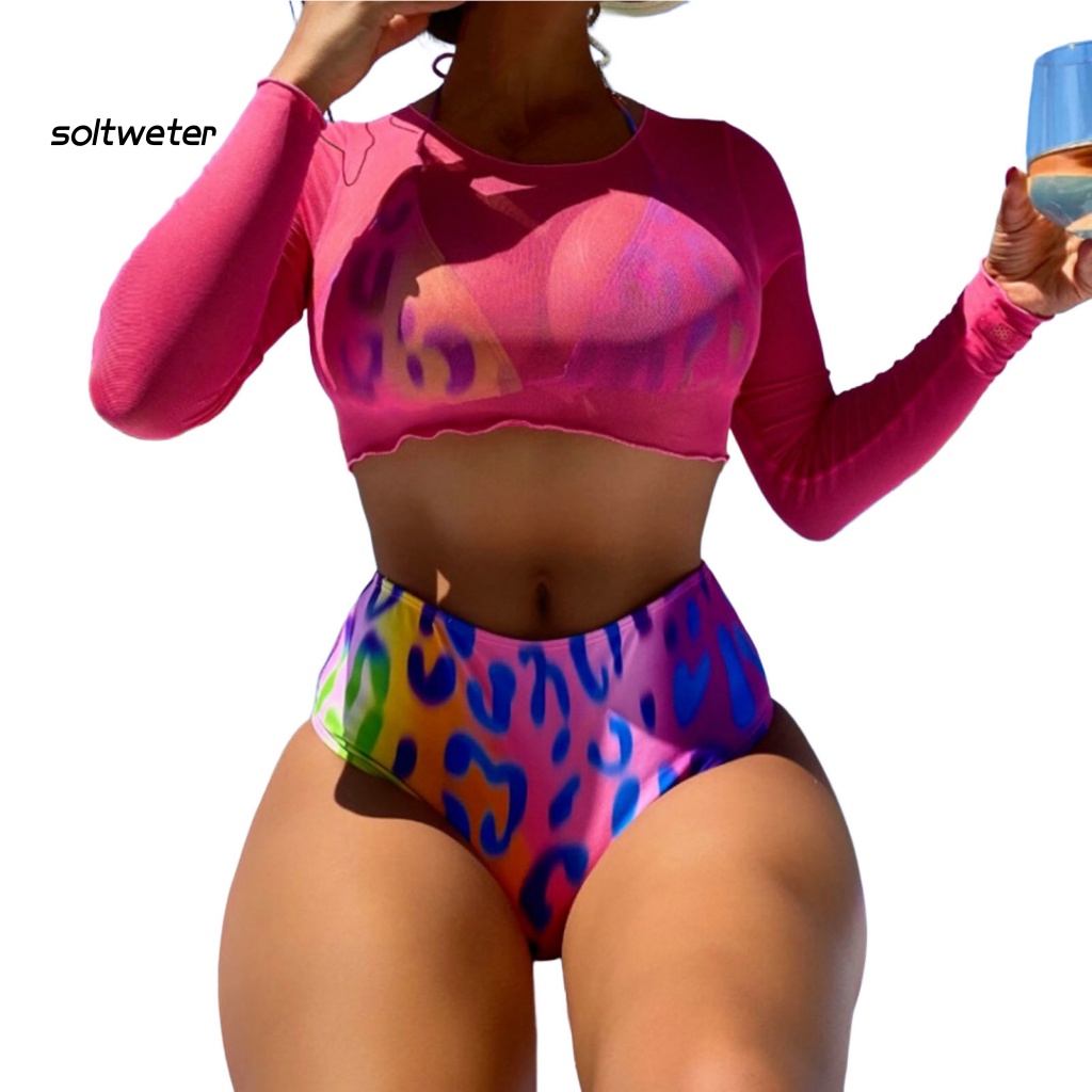 Bộ Đồ Bơi 3 Mảnh Gồm Áo Tay Dài Cổ Tròn Và Quần Lót Lưới Xuyên Thấu Chống Nắng In Họa Tiết Da Báo Cho Nữ