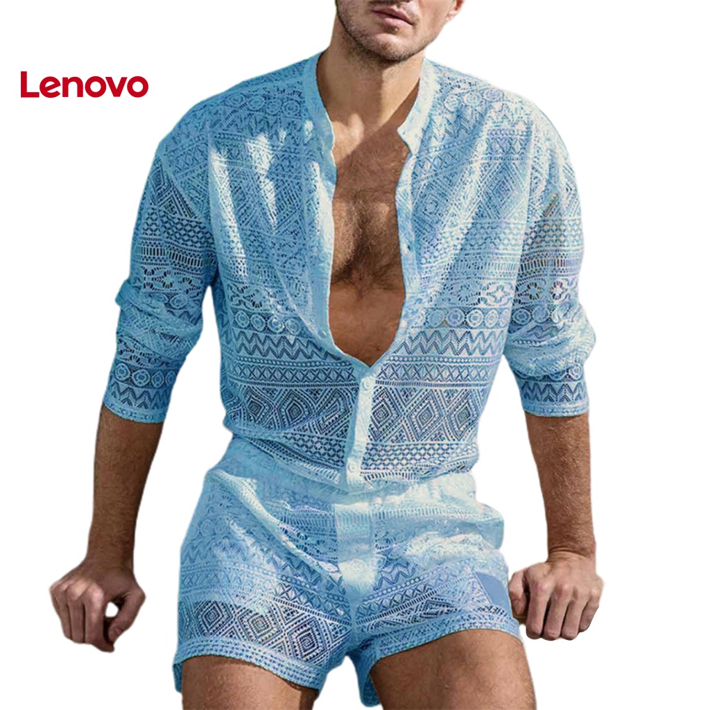 1 Bộ Áo Ren + Quần Short Màu Trơn Xuyên Thấu Thời Trang Mùa Thu Cho Nam