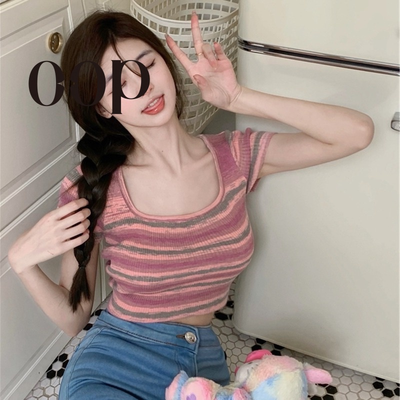 Áo Thun Tay Ngắn Dệt Kim Họa Tiết Kẻ Sọc Thời Trang Mùa Hè Xinh Xắn Cho Nữ HZFWC7026