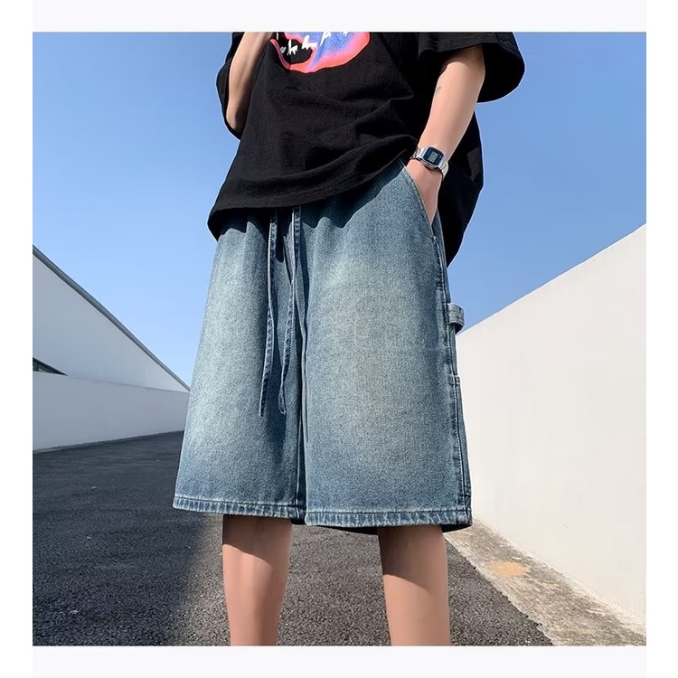 Quần Short Denim Lưng Thun Ống Rộng Phong Cách Đường Phố Mỹ Thời Trang Mùa Hè Cho Nam