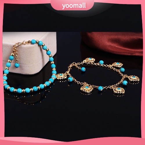 Lắc Chân Hai Lớp Đính Đá Ngọc Lam Hình Hoa Phong Cách Boho