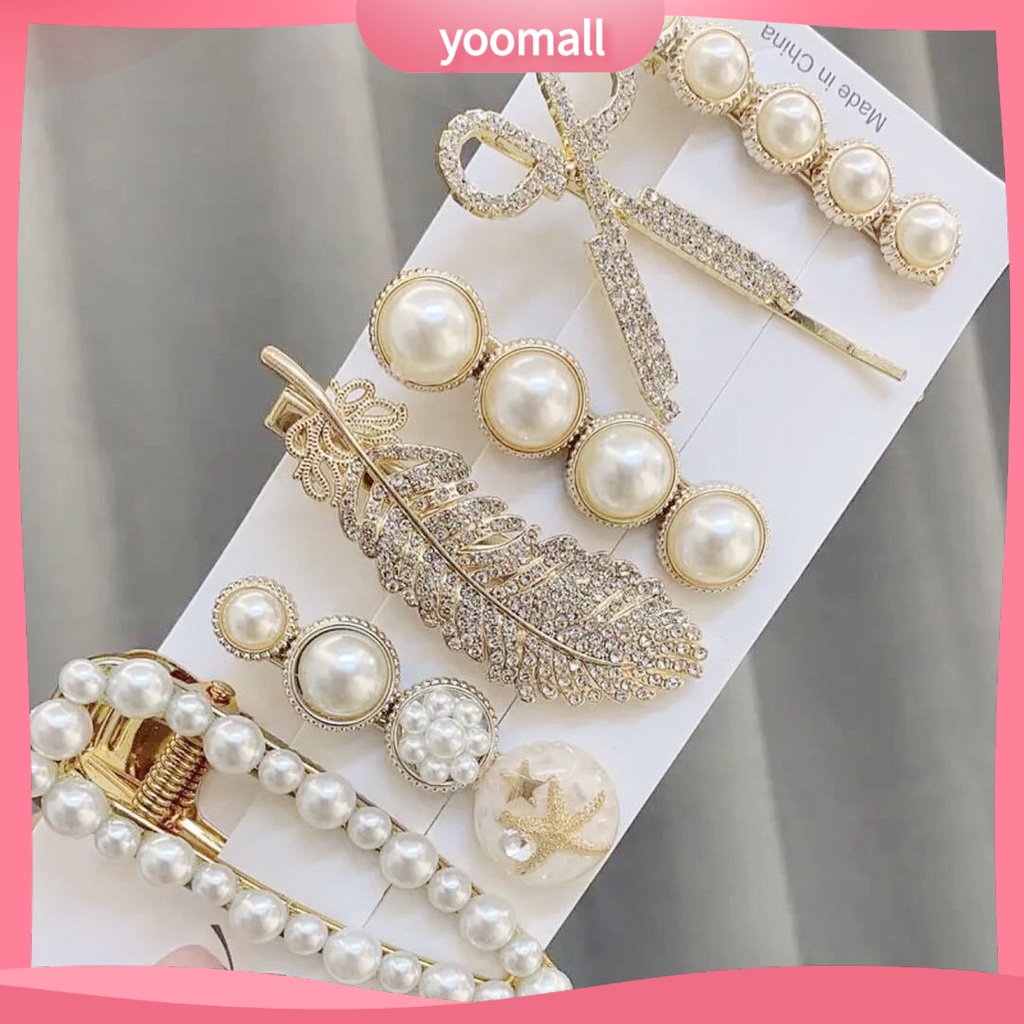 Set 6 Kẹp Tóc Hình Lông Vũ Đính Ngọc Trai Giả Thanh Lịch