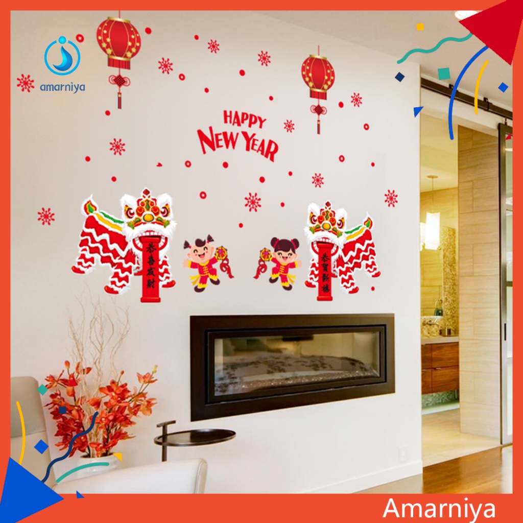 Amar Miếng Dán Tường Trong Suốt In Họa Tiết Sư Tử Nhảy Múa Lồng Đèn Chống Trống