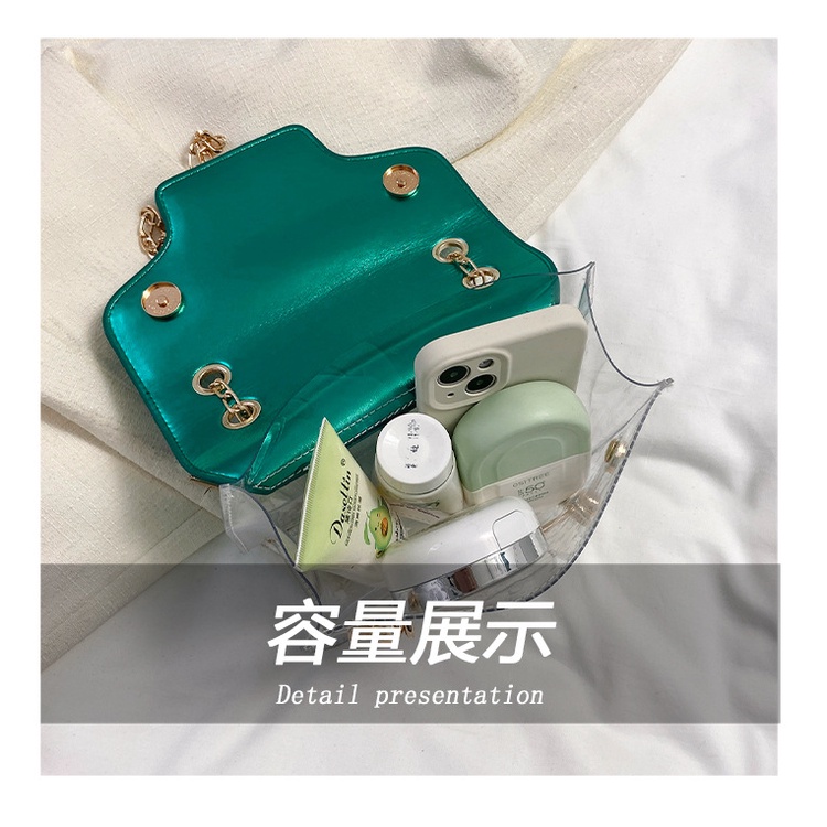 Túi Đeo Chéo Bằng PVC Trong Suốt Phối Dây Xích Phong Cách Hàn Quốc