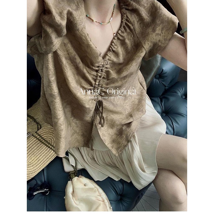 [Hàng Có Sẵn] Áo Dây Rút Cổ Chữ V + Chân Váy Ngắn Chữ A Đơn Giản Thời Trang Mới Phong Cách Trung Hoa