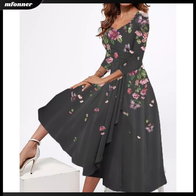 Đầm Midi Tay Lỡ 3 / 4 Dáng Rộng Cổ Chữ V In Hoa Thời Trang Mùa Hè Cho Nữ