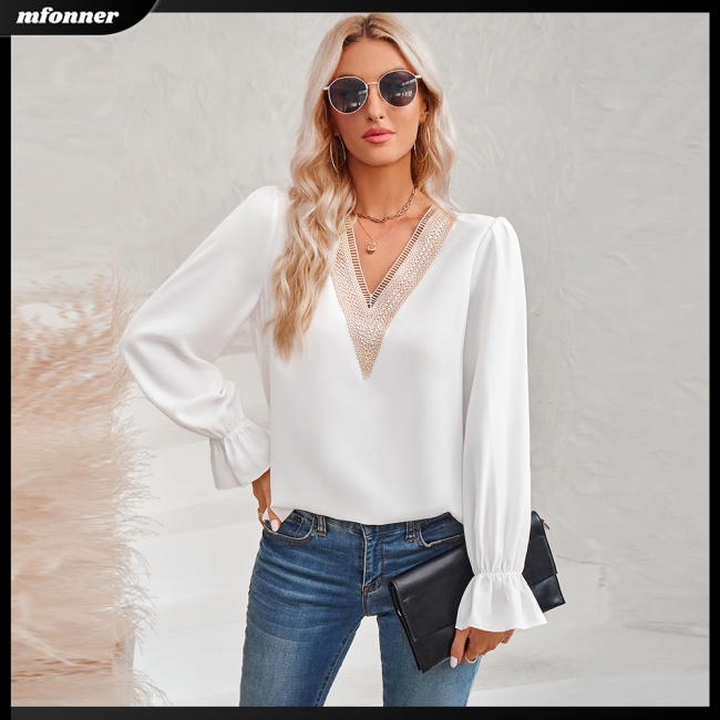 Áo Ren Tay Dài Cổ Chữ V Màu Sắc Thanh Lịch Dành Cho Nữ