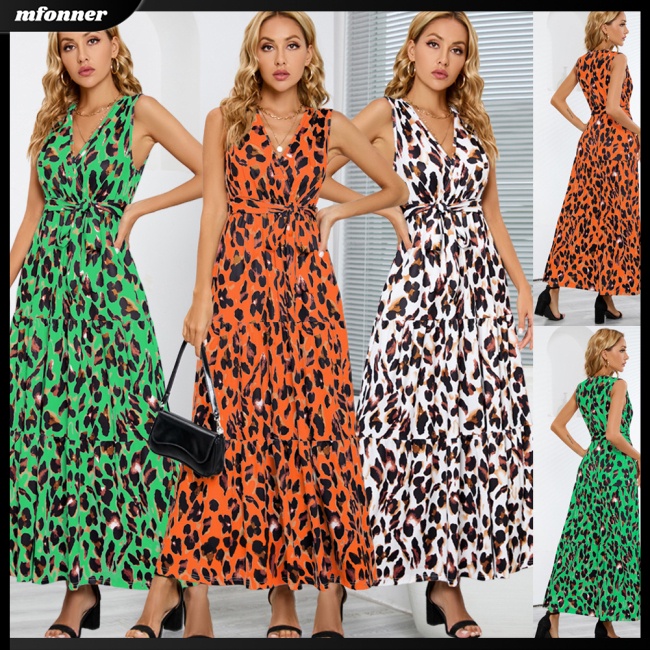 Đầm Maxi Dài Không Tay Cổ Chữ V Thoáng Khí In Họa Tiết Da Báo Quyến Rũ Cho Nữ