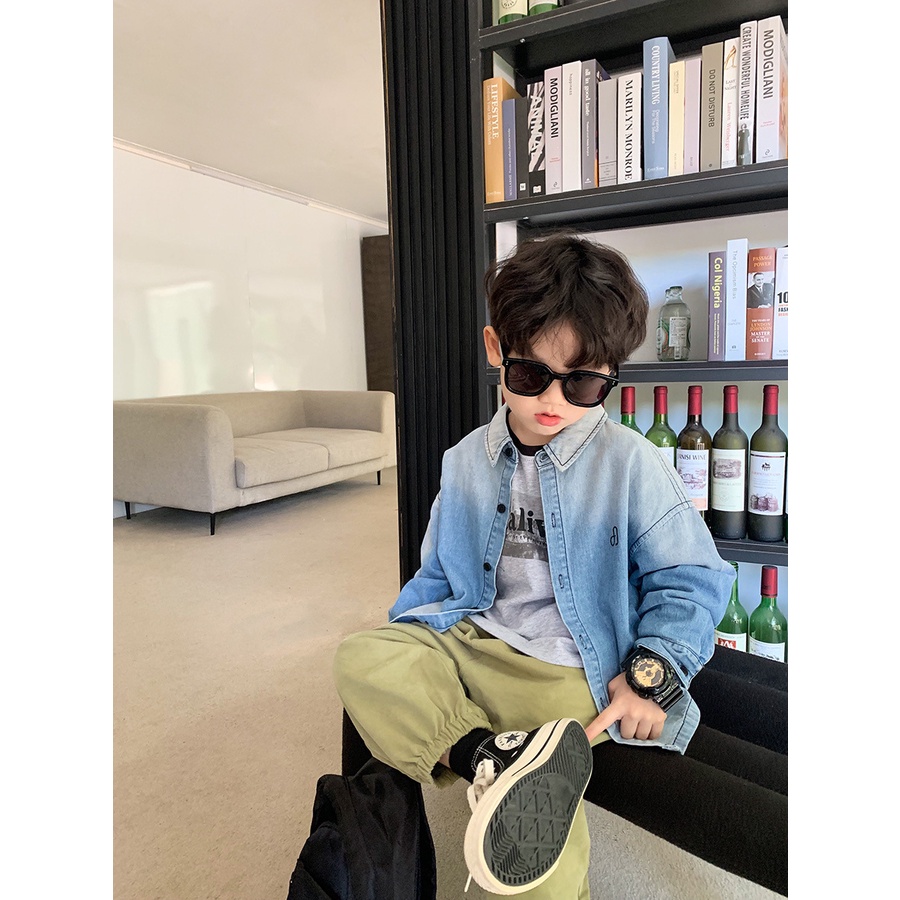Áo sơ mi nam nhật bản và hàn quốc denim gradient áo sơ mi mùa thu cho bé trai trung và lớn