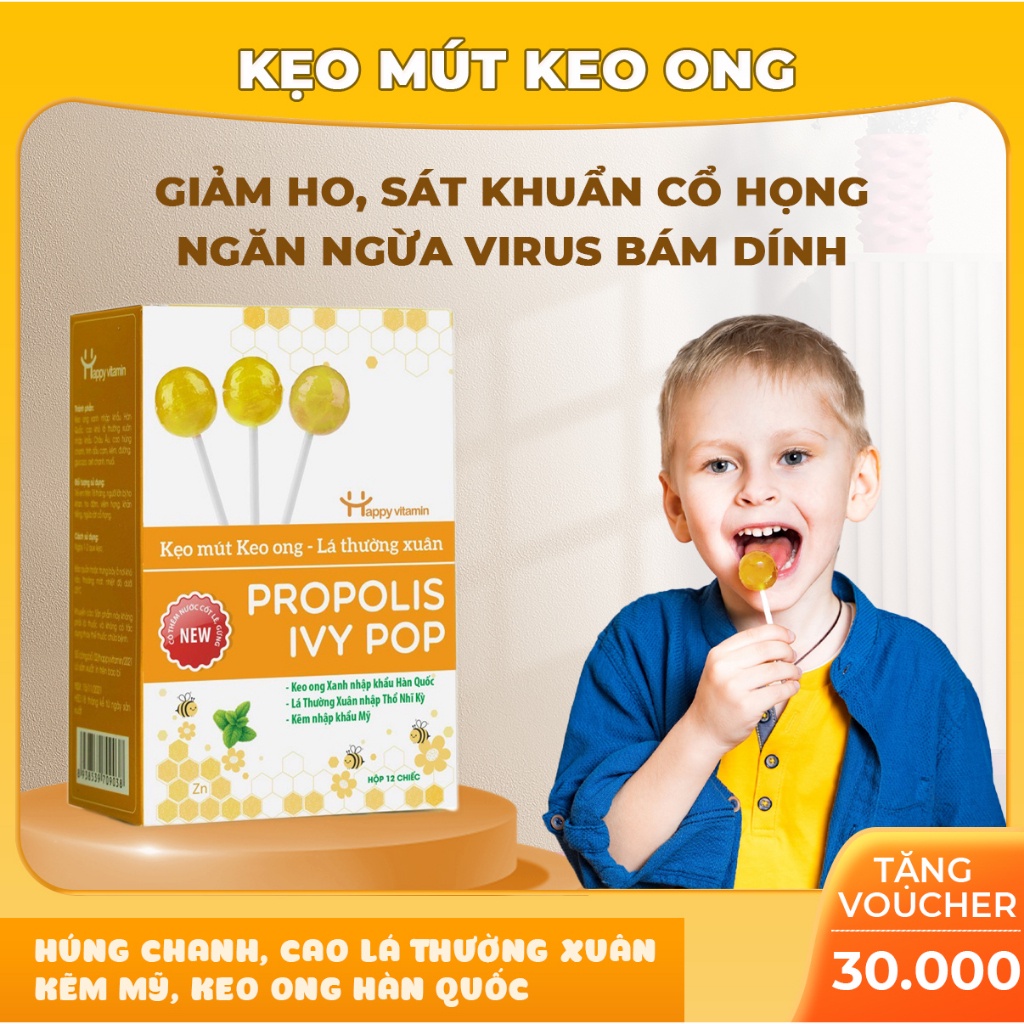 Kẹo mút keo ong lá thường xuân Happy Vitamin hỗ trợ ngăn ngừa ho, viêm họng, khản tiếng, bảo vệ vòm họng 12 que/hộp